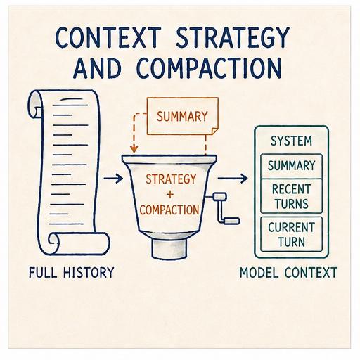 Older turns from the full history are summarised and combined with recent turns to form the model’s narrowed context