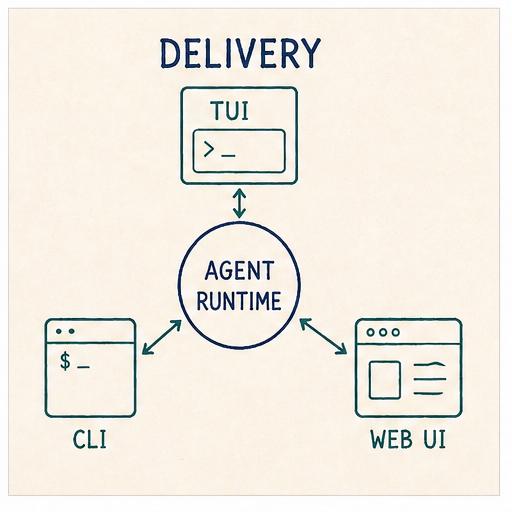 TUI, CLI, and Web UI shells all connecting to one shared agent runtime