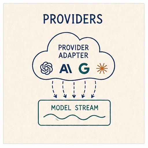 Provider logos feeding into a single Provider Adapter, which emits one unified model stream