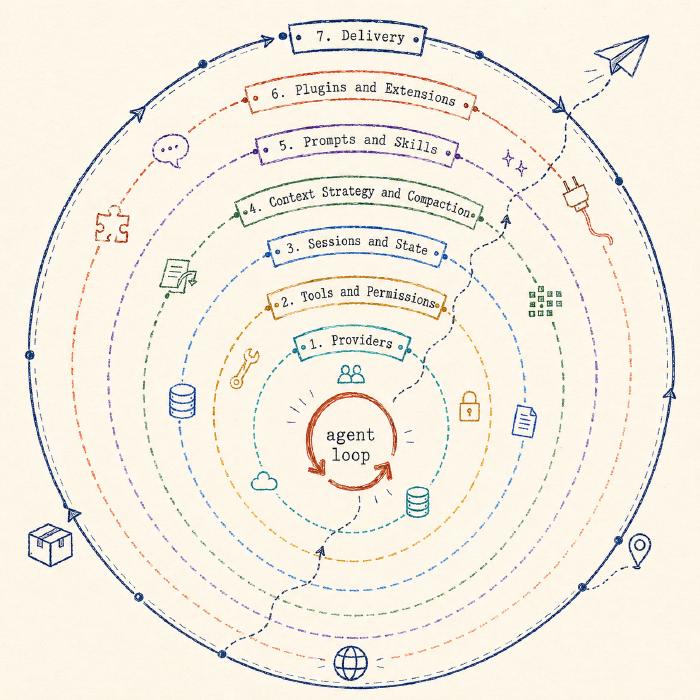 The agent loop at the centre, with seven rings around it: providers, tools and permissions, sessions and state, context strategy and compaction, prompts and skills, plugins and extensions, delivery