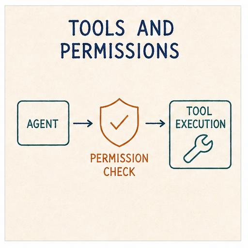 An agent’s tool call passes through a permission check before reaching tool execution