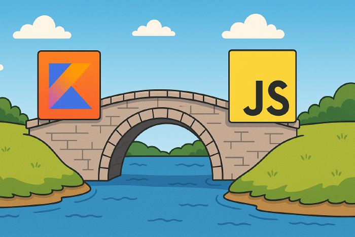 Illustration of a bridge over a river connecting Kotlin and JavaScript logos, symbolizing interoperability between the two programming languages.
