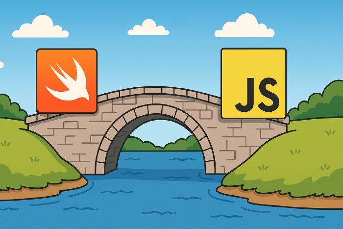 Illustration of a stone bridge over water with Swift logo on the left and JavaScript logo on the right, symbolizing a connection between the two programming languages.