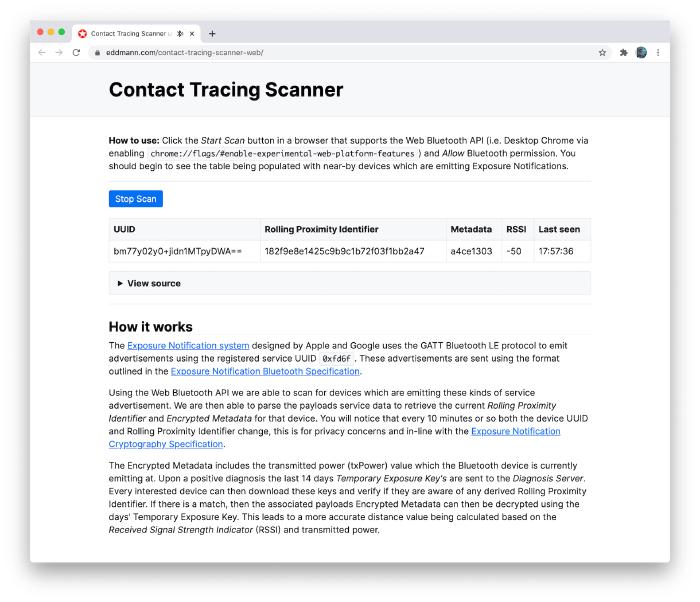Contact Tracing Scanner using Web Bluetooth