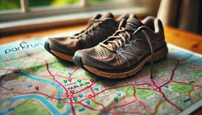 A pair of worn-out running shoes on a colorful map marked with various “parkrun” event locations.