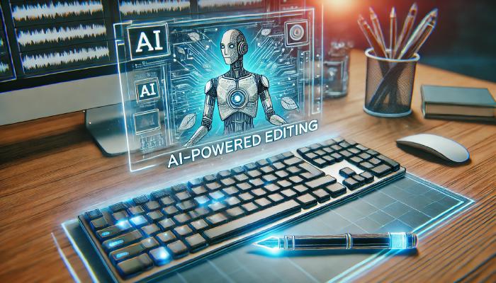 A futuristic workspace with a glowing keyboard, digital pen, and a holographic display showing “AI-POWERED EDITING” and a robotic figure.