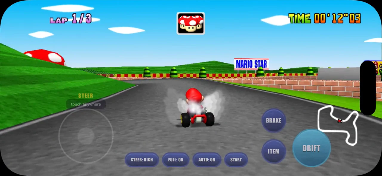 Mario Raceway in landscape, with the smaller Reloaded texture pack, touch steering on the left and action buttons beside the minimap