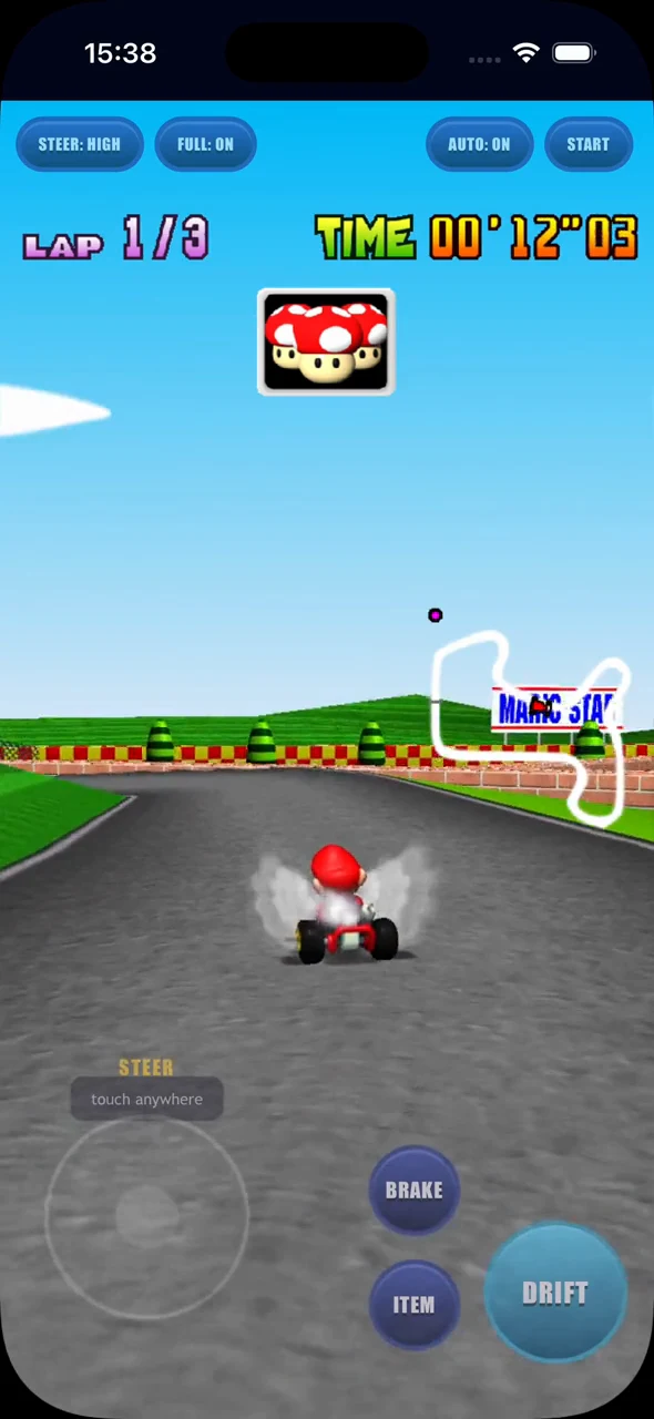 Portrait with conventional steering and action buttons in the iOS Simulator