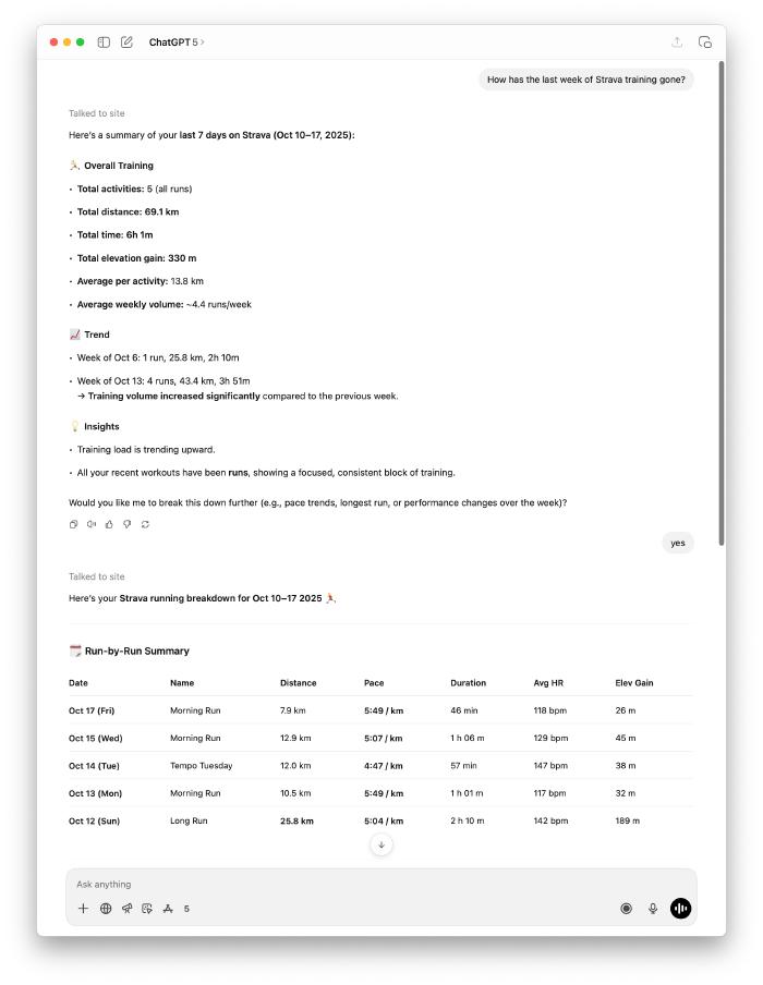 ChatGPT analysing a week of training data from the Strava MCP