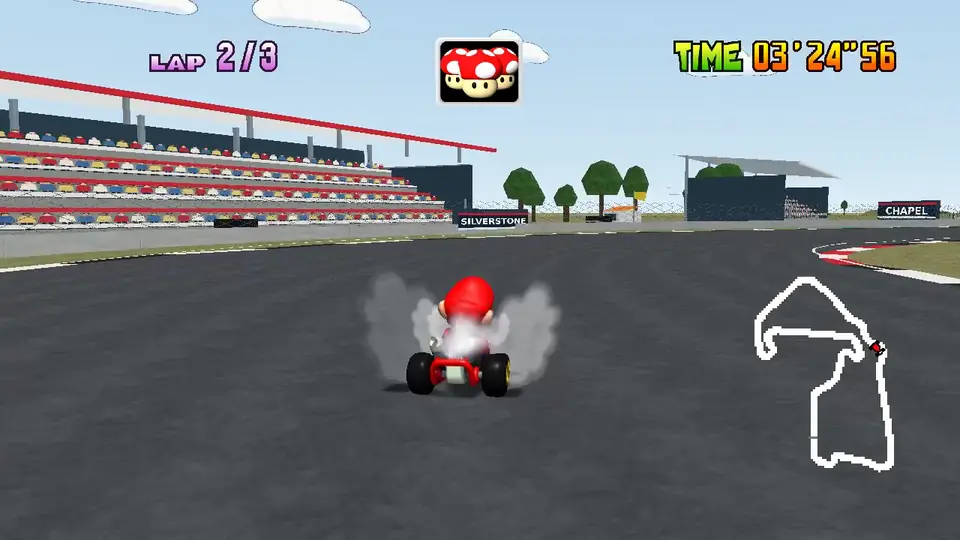 Mario approaching Becketts, with the covered spectator stand beside the linked bends