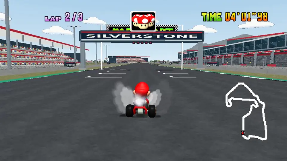 Native Mario Kart view along Hamilton Straight, with the Wing pit frontage on the right