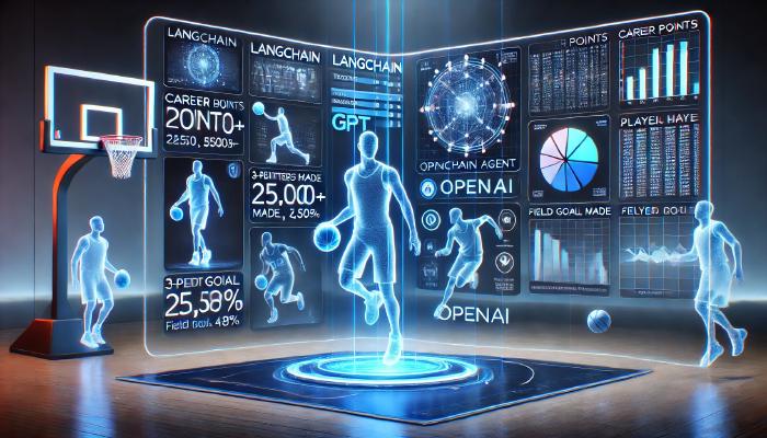 Futuristic holographic basketball analytics display with player figures, charts, and statistics related to AI technologies like LangChain and OpenAI.