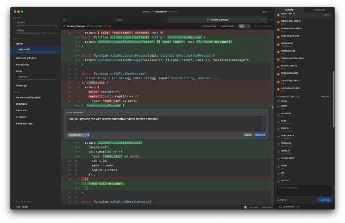 Forge Git review pane with tree-sitter syntax highlighting and inline comment