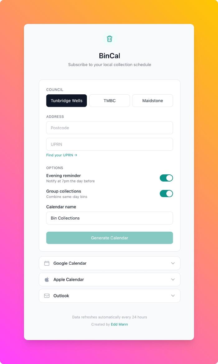 BinCal - a bin collection calendar subscription service