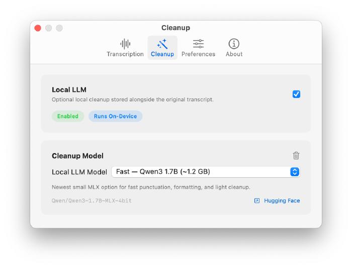 VoiceScribe Local LLM cleanup settings
