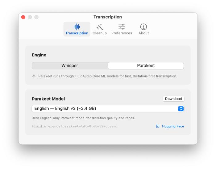 VoiceScribe Parakeet transcription settings